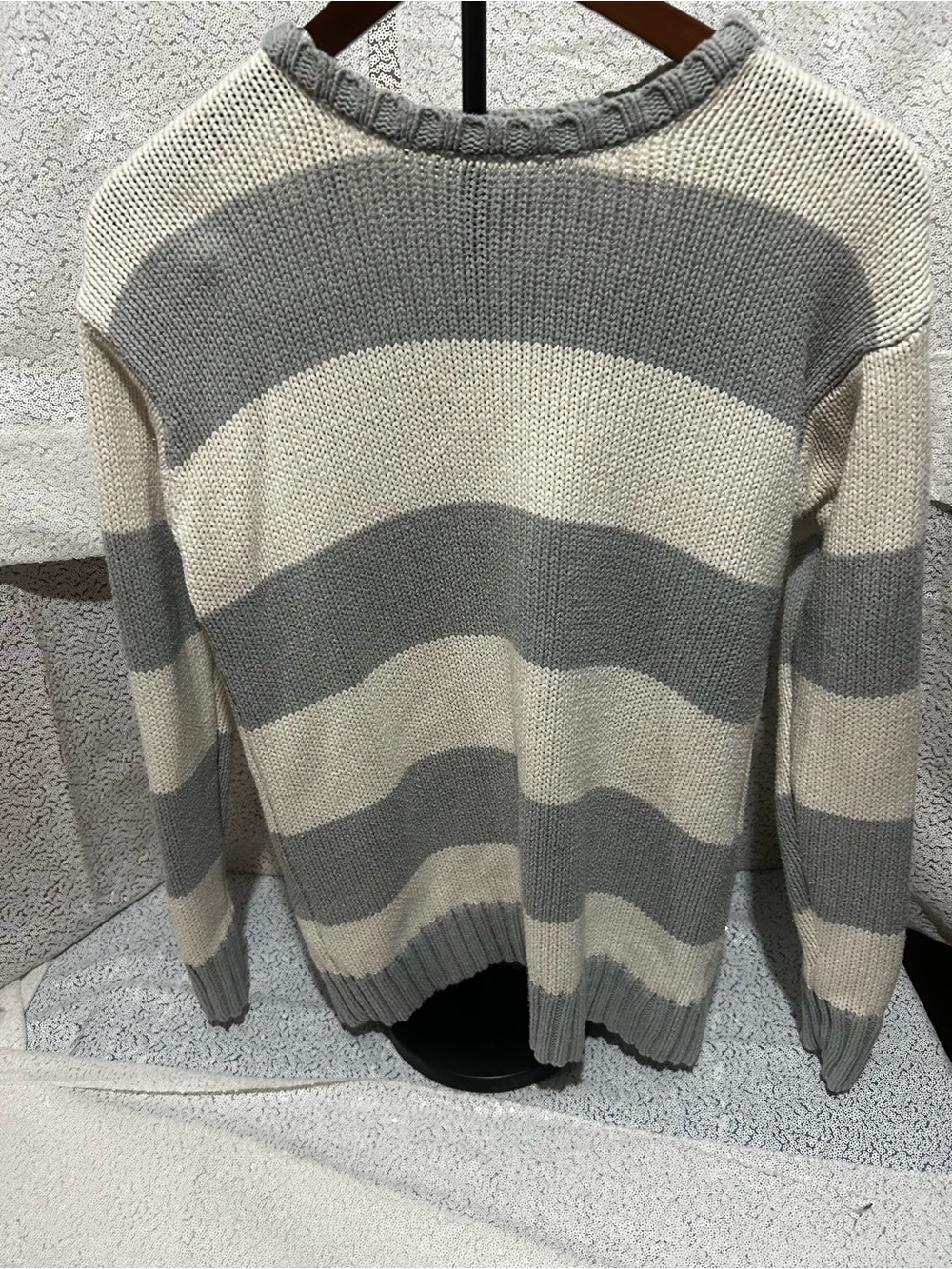 Aeropostale Crewneck Striped Knit Sweater in Gray and Cream